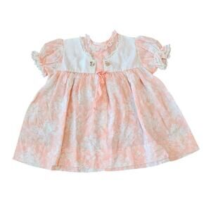 Vintage 1960s baby Girls Sz 18M Short Sleeve Floral Dress Salmon Pink White